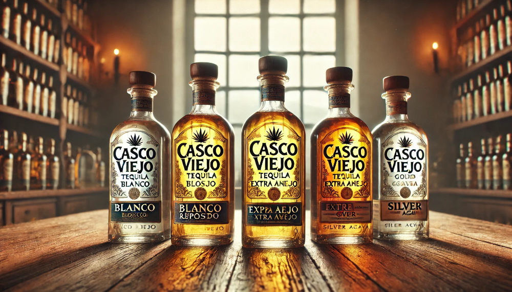 Колекція пляшок текіли Casco Viejo (Blanco, Reposado, Añejo, Extra Añejo, Gold, Silver Agava), виставлених на дерев'яному столі з природним світлом, яке підкреслює яскраві етикетки та текстуру бутилок.